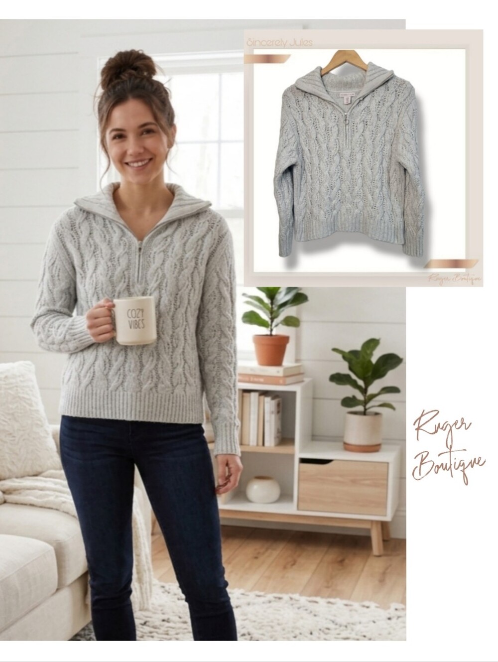 🌿Sincerely Jules Women's Medium Grey Chunky Cable Knit Quarter-Zip Sweater